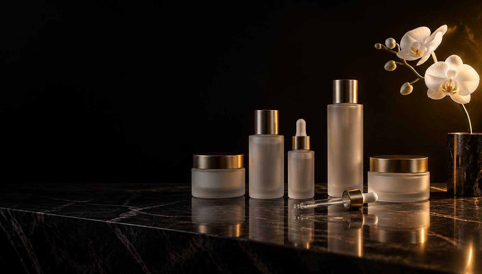 Luxury vanity with skincare bottles in warm gold light